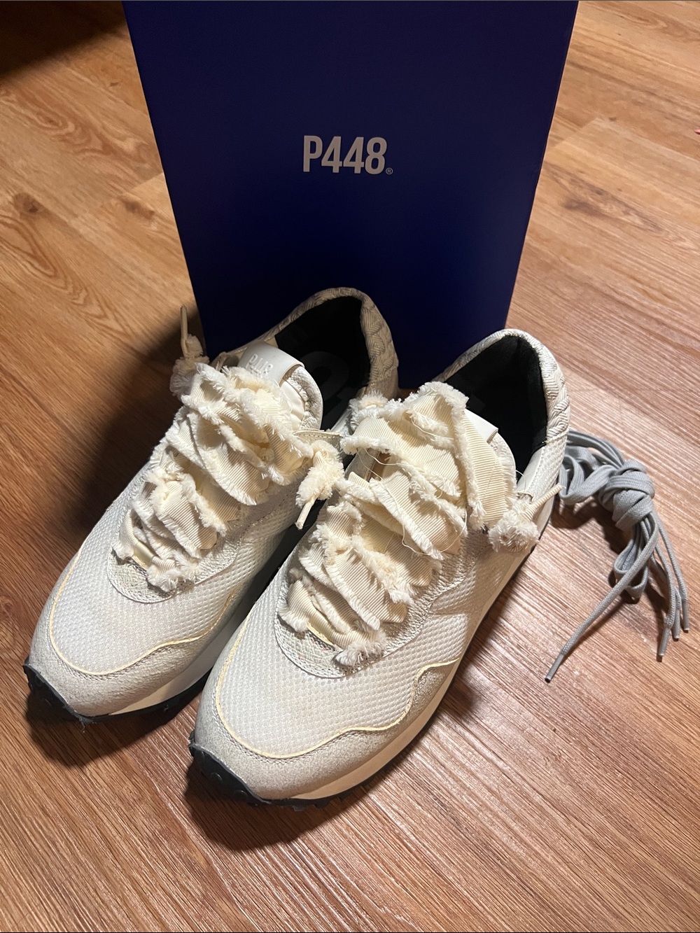 P448 Women’s Cream Cancun Frayed Ribbon Lace Sneakers